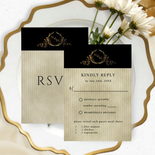 Black and Gold Champagne Monogram zonder maaltijde RSVP Kaartje