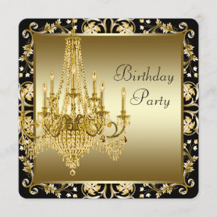 Black and Gold Chandelier Birthday Party Kaart