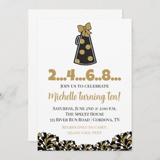 Black and Gold Cheer Verjaardag Uitnodiging (Voorkant / Achterkant)