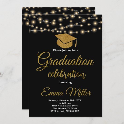 Black and Gold College Afstuderen Kaart (Voorkant / Achterkant)