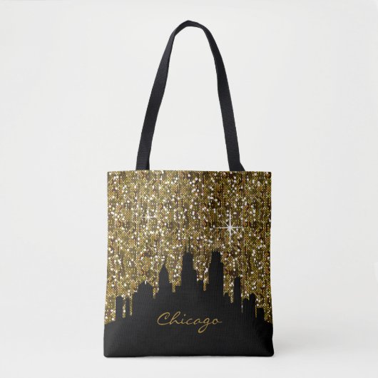Black and Gold Confetti Glitter Chicago Skyline Tote Bag (Voorkant)