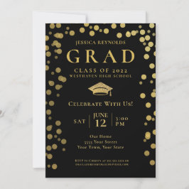 Black and Gold Confetti Photo Graduparty Kaart