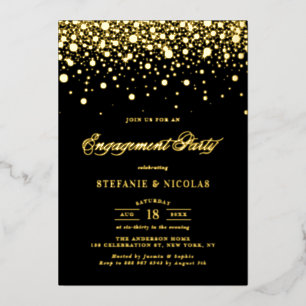 Black and Gold Confetti Stippen Engagement Party Folie Uitnodiging