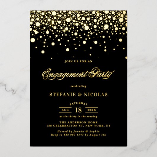 Black and Gold Confetti Stippen Engagement Party Folie Uitnodiging (Voorkant)