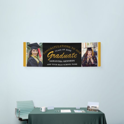 Black and Gold Congrats Afstudeerder twee foto-Afs Spandoek (Beurs)
