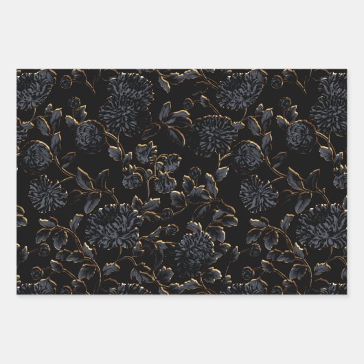 Black and Gold Dahlias Floral Inpakpapier Vel (Voorkant 2)