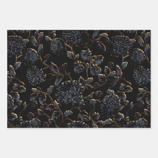 Black and Gold Dahlias Floral Inpakpapier Vel (Voorkant)