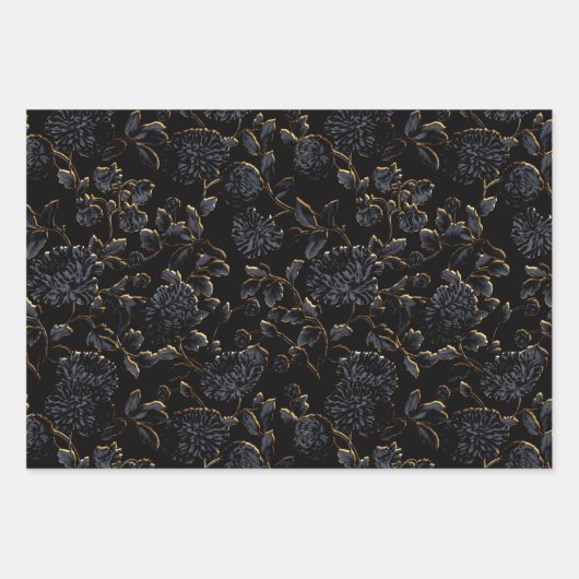 Black and Gold Dahlias Floral Inpakpapier Vel (Voorkant 3)