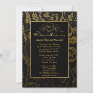 Black and Gold Damask 50th Wedding Jubileum Kaart