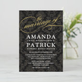 Black and Gold Damask Art Deco Wedding Invitations Kaart (Staand voorkant)