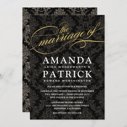 Black and Gold Damask Art Deco Wedding Invitations Kaart (Voorkant / Achterkant)