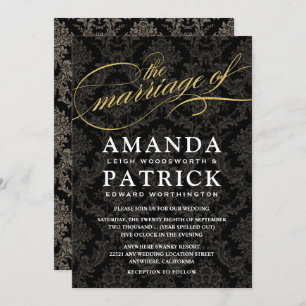 Black and Gold Damask Art Deco Wedding Invitations Kaart