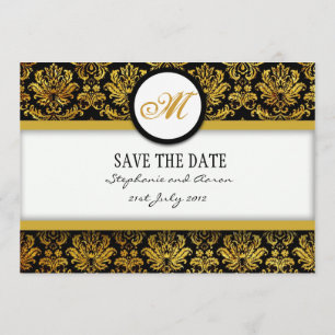 Black and Gold Damask Monogram opslaan Datum Kaart