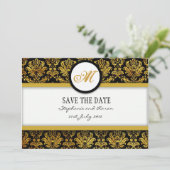 Black and Gold Damask Monogram opslaan Datum Kaart (Staand voorkant)