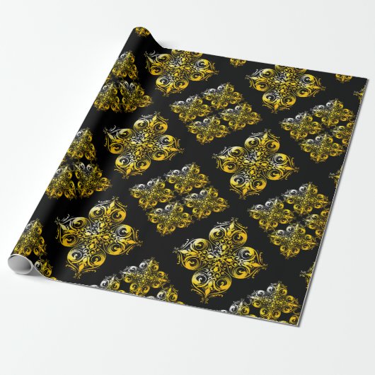 Black and Gold Damask Patroon Cadeaupapier (Uitgerold)