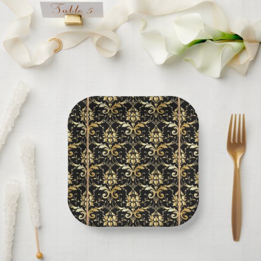 Black and Gold Damask Patroon Papieren Bordje (Huwelijk)