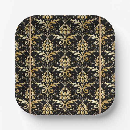 Black and Gold Damask Patroon Papieren Bordje (Voorkant)