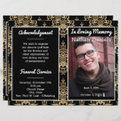 Black and Gold Damask Photo Funeral Program (Voorkant / Achterkant)