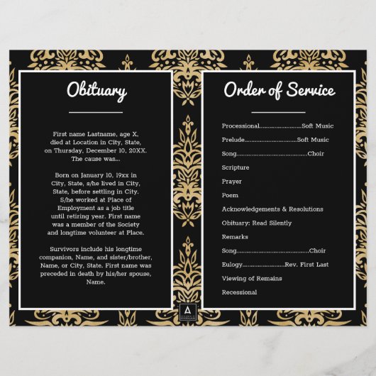 Black and Gold Damask Photo Funeral Program (Achterkant)