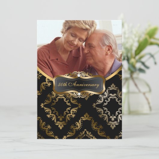 Black and Gold Damask Photo Invite Kaart (Staand voorkant)