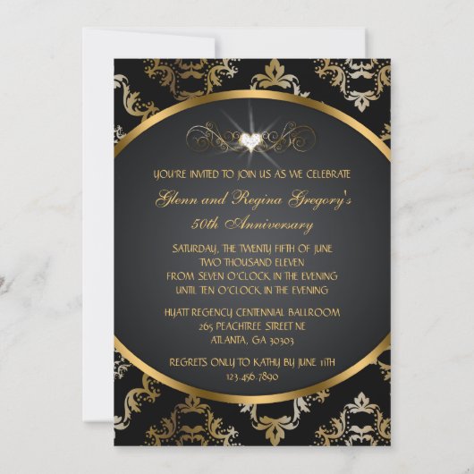 Black and Gold Damask Photo Invite Kaart (Achterkant)