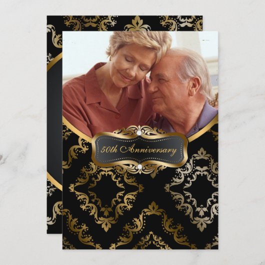 Black and Gold Damask Photo Invite Kaart (Voorkant / Achterkant)