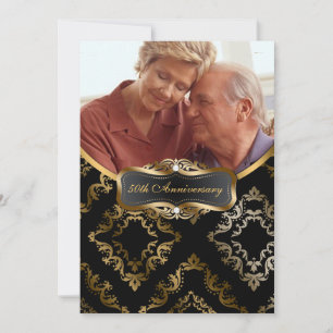 Black and Gold Damask Photo Invite Kaart