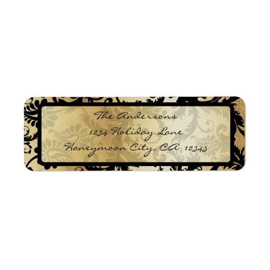 Black and Gold Damask Swirls Weddenlabel Etiket (Voorkant)