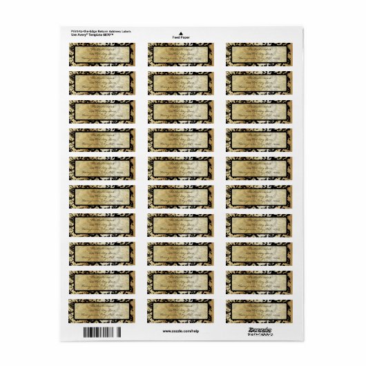 Black and Gold Damask Swirls Weddenlabel Etiket (Full Sheet)