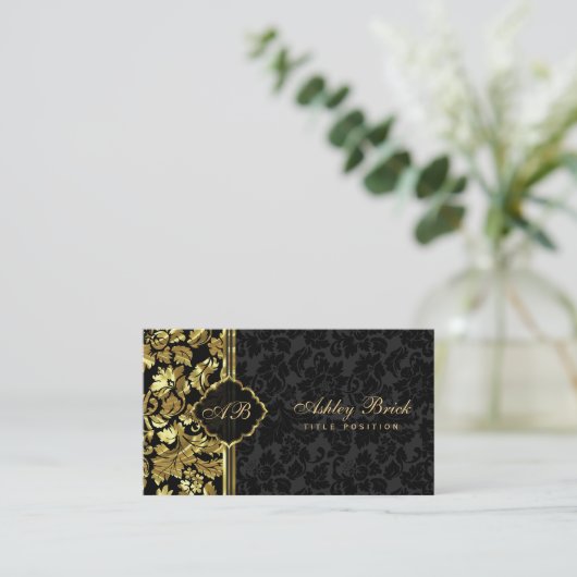 Black and Gold Damask Visitekaartje (Staand voorkant)
