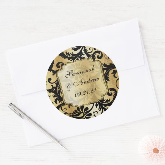 Black and Gold Damask Wedding sticker (Envelop)