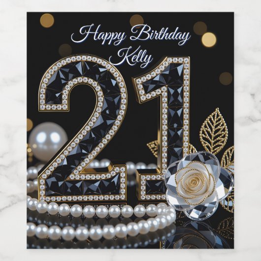 Black and Gold Diamond White Rose 21st Birthday Wijn Etiket (Enkel label)