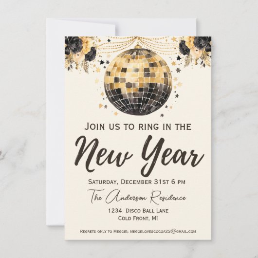 Black and Gold Disco Ball Oudejaarsavond Feest Kaart (Voorkant)