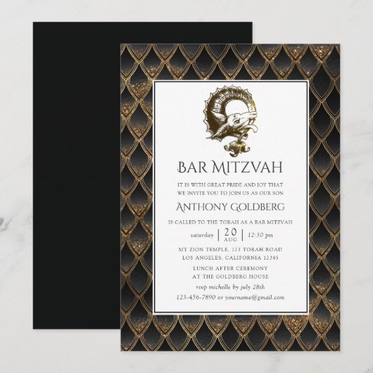 Black and Gold Dragon, Bar Mitzvah Kaart (Voorkant / Achterkant)
