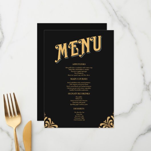 Black and Gold Elegant Simple Wedding Menu (Voorkant / Achterkant in situ)