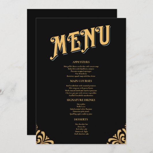 Black and Gold Elegant Simple Wedding Menu (Voorkant / Achterkant)