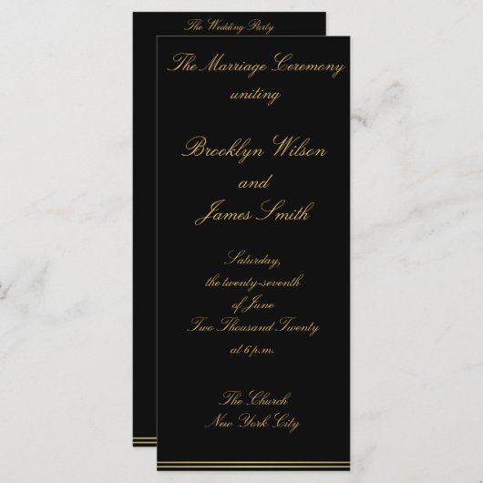 Black and Gold Elegant Wedding Ceremony Programma' Programmakaart (Voorkant / Achterkant)