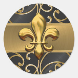 Black and Gold Filigree Swirls Fleur de Lis Ronde Sticker