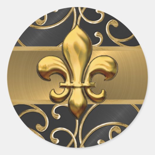 Black and Gold Filigree Swirls Fleur de Lis Ronde Sticker (Voorkant)