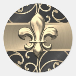 Black and Gold Filigree Swirls Fleur de Lis Ronde Sticker