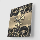 Black and Gold Filigree Swirls Fleur de Lis Vierkante Klok (Hoek)