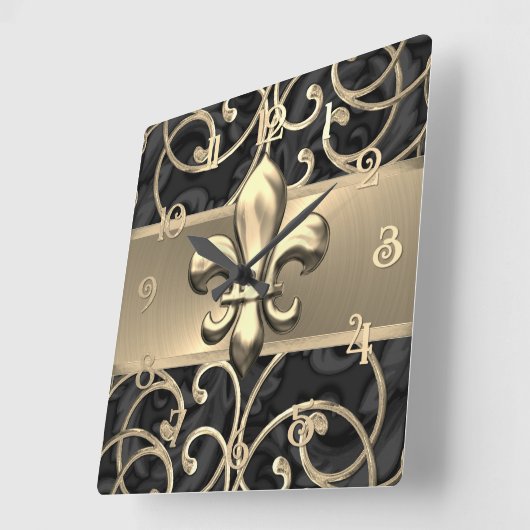 Black and Gold Filigree Swirls Fleur de Lis Vierkante Klok (Hoek)