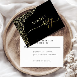 Black and Gold Filigree Wedding Response Card Folie Uitnodiging Briefkaart