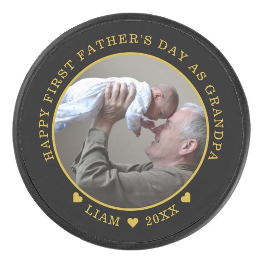 Black and Gold First Vaderdag As Grandpa Photo Hockey Puck (Voorkant)