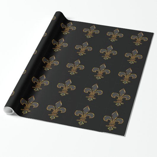 Black and Gold Fleur-de-lis Cadeaupapier (Uitgerold)