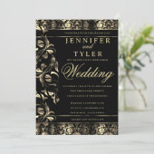 Black and Gold Floral Damask Invitation Kaart (Staand voorkant)
