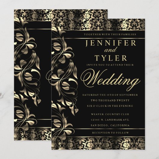 Black and Gold Floral Damask Invitation Kaart (Voorkant / Achterkant)