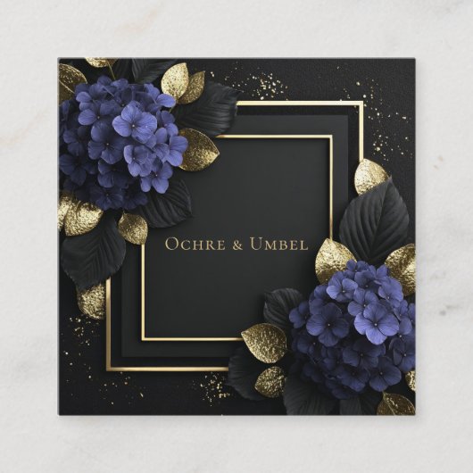 Black and Gold Floral Geometric Hydrangea Vierkante Visitekaartje (Voorkant)