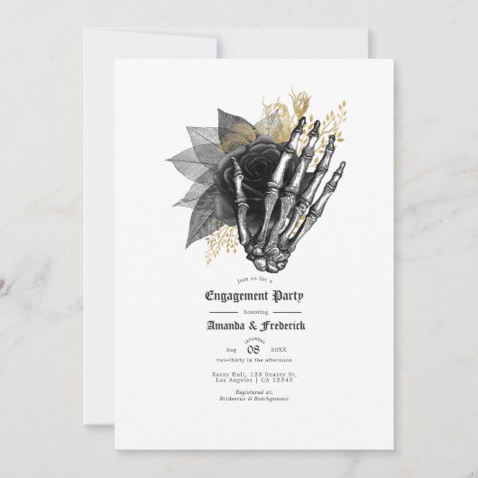 Black and Gold Floral Gothic Engagement Party Kaart (Voorkant)