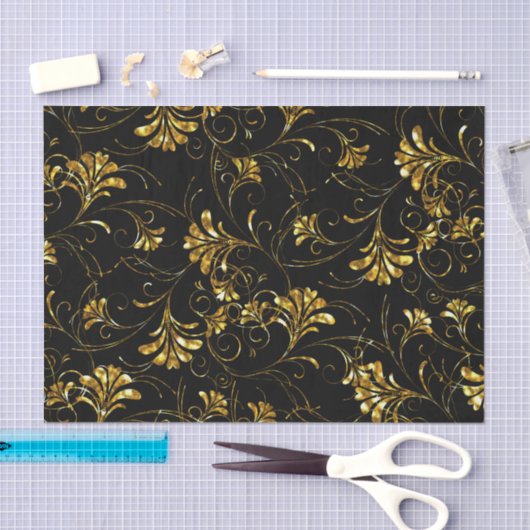 Black and Gold Floral Pattern Tissuepapier (Craft)
